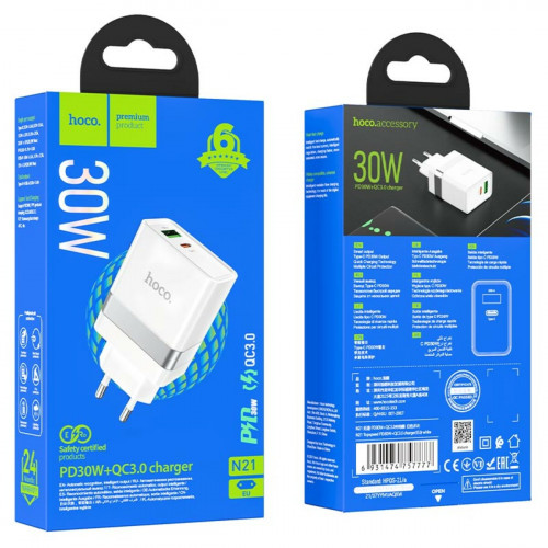 Мережевий зарядний пристрій HOCO N21 Topspeed PD30W+QC3.0 charger White