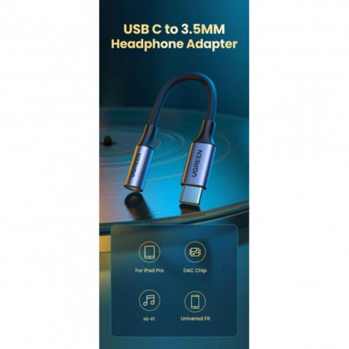 Аудіо кабель з UGREEN AV161 USB-C to 3.5mm M/F Cable Aluminum Shell with Braided 10cm (Space Gray) (UGR-80154)