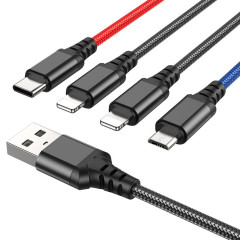 Кабель HOCO X76 USB to iP+iP+Type-C+Micro 2A, 1m, nylon, aluminum connectors Black+Red+Blue (6931474768643)