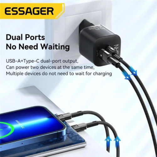 Мережевий зарядний пристрій Essager Camber 20W GaN travel Phone Charger A+C EU  black (ECTAC-HMB01-P) (ECTAC-HMB01-P)