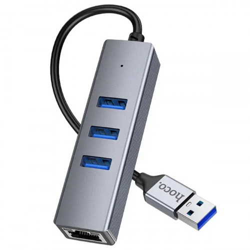 Кабель-перехiдник HOCO HB34 Easy link USB Gigabit Ethernet adapter(USB to USB3.0*3+RJ45) Metal Gray