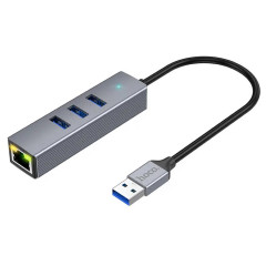 Кабель-перехiдник HOCO HB34 Easy link USB Gigabit Ethernet adapter(USB to USB3.0*3+RJ45) Metal Gray (6931474794536)