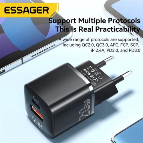 Мережевий зарядний пристрій Essager Camber 20W GaN travel Phone Charger A+C EU  black (ECTAC-HMB01-P) (ECTAC-HMB01-P)