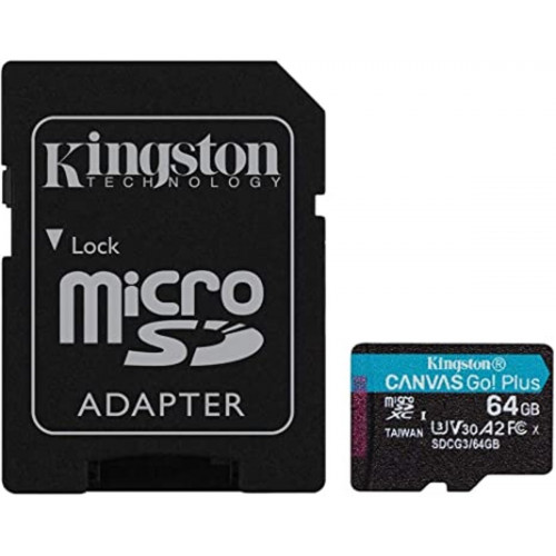 microSDXC (UHS-1 U3) Kingston Canvas Go Plus 64Gb class 10 A2 V30 (R170MB/s, W70MB/s) (adapter SD)