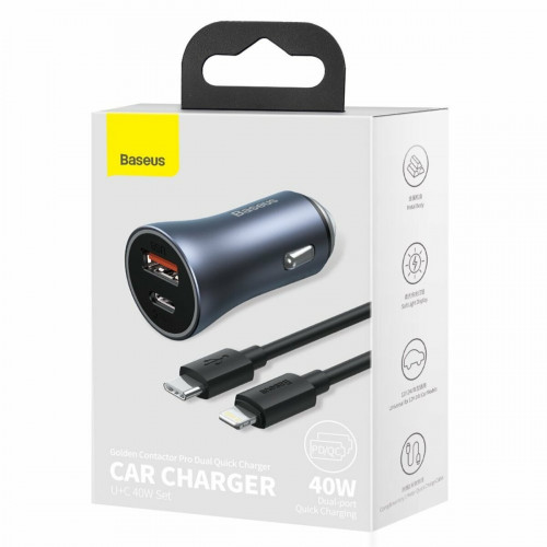 АЗП Baseus Golden Contactor Pro Dual Car Charger U+C 40W (With Cable Type-C/ iP 1m) Dark Grey