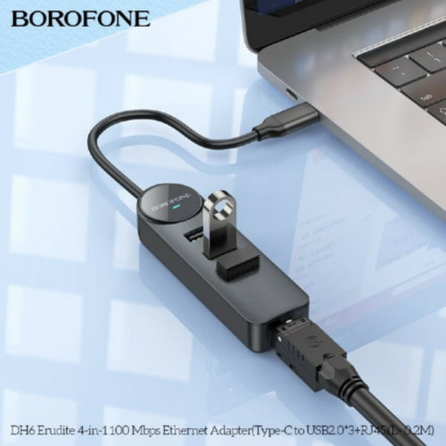 Адаптер Borofone DH6 Erudite 4-in-1 100 Mbps Ethernet Adapter(Type-C to USB2.0*3+RJ45)(L=0.2M) Black