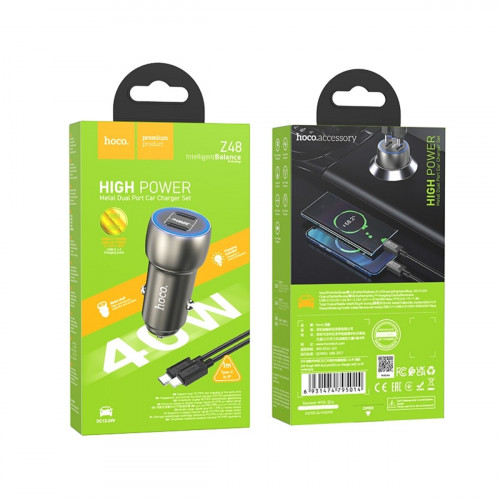 Автомобільний зарядний пристрій HOCO Z48 Tough 40W dual port(2C) car charger set(C to iP) Metal Gray