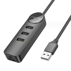 Адаптер Borofone DH6 Erudite 4-in-1 Gigabit Ethernet Adapter(USB to USB3.0*3+RJ45)(L=1.2M) Black (6941991104305)
