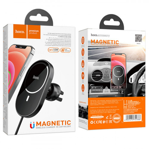 Тримач для мобільного HOCO CA90 Powerful magnetic wireless charging car holder Black