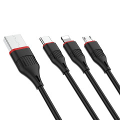 Кабель BOROFONE BX17 USB to iP+Type-C+Micro 2.4A, 1m, PVC, TPE connectors, Black