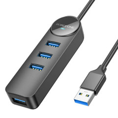 Адаптер Borofone DH5 Erudite 4-in-1 adapter(USB to USB3.0*4)(L=1.2M) Black (6941991104206)