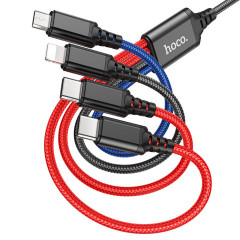 Кабель HOCO X76 USB to iP+Type-C+Type-C+Micro 2A, 1m, nylon, aluminum connectors Black+Red+Blue (6931474768650)