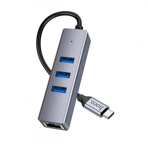 Кабель-перехiдник HOCO HB34 Easy link Type-C Gigabit network adapter(Type-C to USB3.0*3+RJ45) Metal Gray