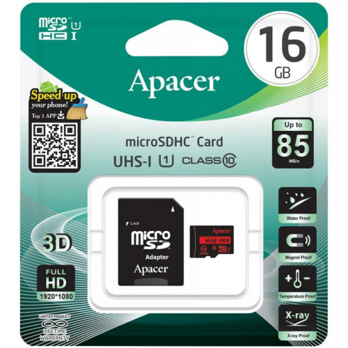 microSDHC (UHS-1) Apacer 16Gb class 10 R85MB/s (adapter SD)