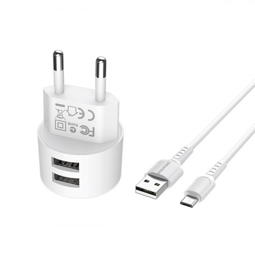 Мережевий зарядний пристрій BOROFONE BA23A Brilliant dual port charger set(Micro) White
