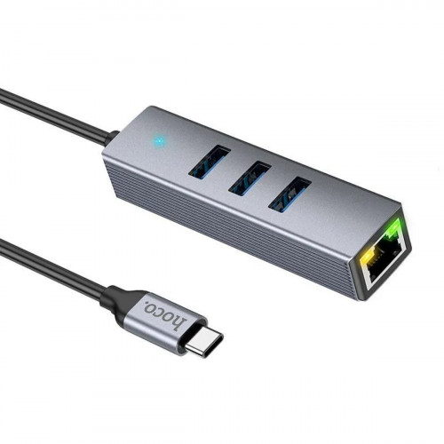 Кабель-перехiдник HOCO HB34 Easy link Type-C Gigabit network adapter(Type-C to USB3.0*3+RJ45) Metal Gray