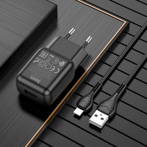 Мережевий зарядний пристрій HOCO C96A single port charger set(iP) Black