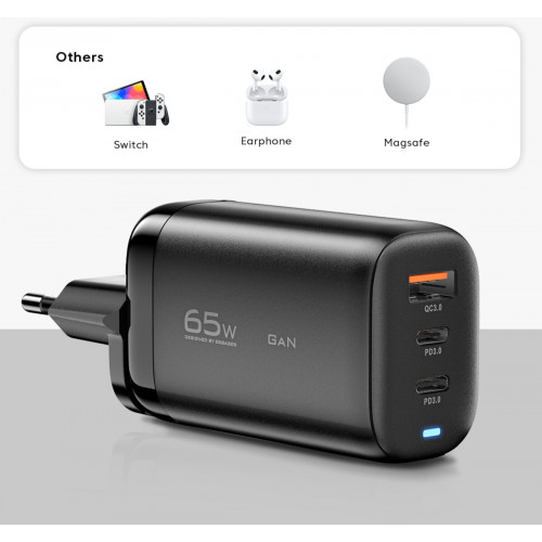 Мережевий зарядний пристрій Essager Shining 65W GaN Travelling Charger 2 Type-c+USB-A EU  black (ECT2CA-MYB01) (ECT2CA-MYB01)