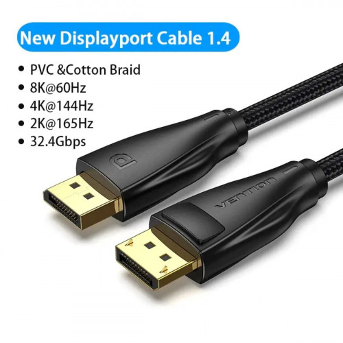 Кабель Vention DisplayPort, 1 м, v1.4  чорний, 8K 60 Hz, 4K 144Hz, 2K 165Hz, 1080P 240Hz (HCCBF)