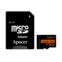 microSDXC (UHS-1 U3) Apacer A2 64Gb class 10 V30 (R100MB/s, W80MB/s) (adapter SD) (AP64GMCSX10U8-R)