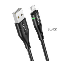 Кабель HOCO U93 USB to iP 2.4A, 1.2m, nylon, aluminum connectors, light indicator, Black (6931474732132)