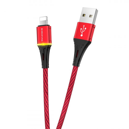 Кабель BOROFONE BU25 USB to iP, 2.4A, 1.2m, nylon, aluminum connectors, light indicator, Red
