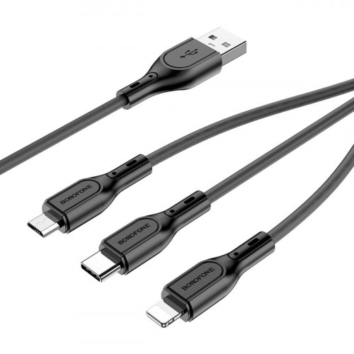 Кабель BOROFONE BX66 USB to iP+Type-C+Micro 2A,1m, silicone, silicone connectors, Black