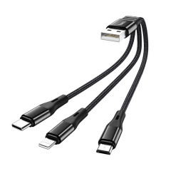 Кабель HOCO X47 USB to iP+Type-C+Micro 2.4A, 0.25m, nylon, aluminum connectors, Black (6931474727398)