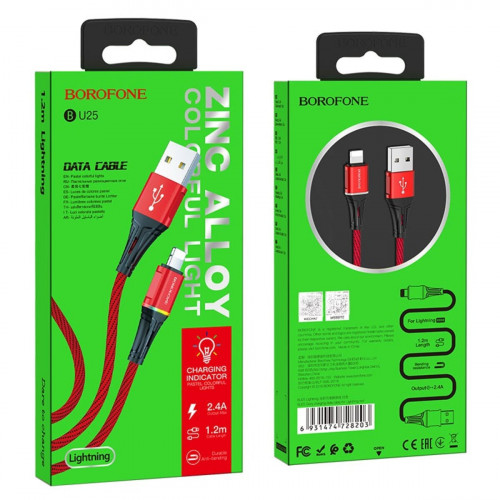 Кабель BOROFONE BU25 USB to iP, 2.4A, 1.2m, nylon, aluminum connectors, light indicator, Red