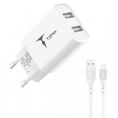 мережева зарядка T-PHOX TCC-224 Pocket Dual USB + Lightning cable (Білий)